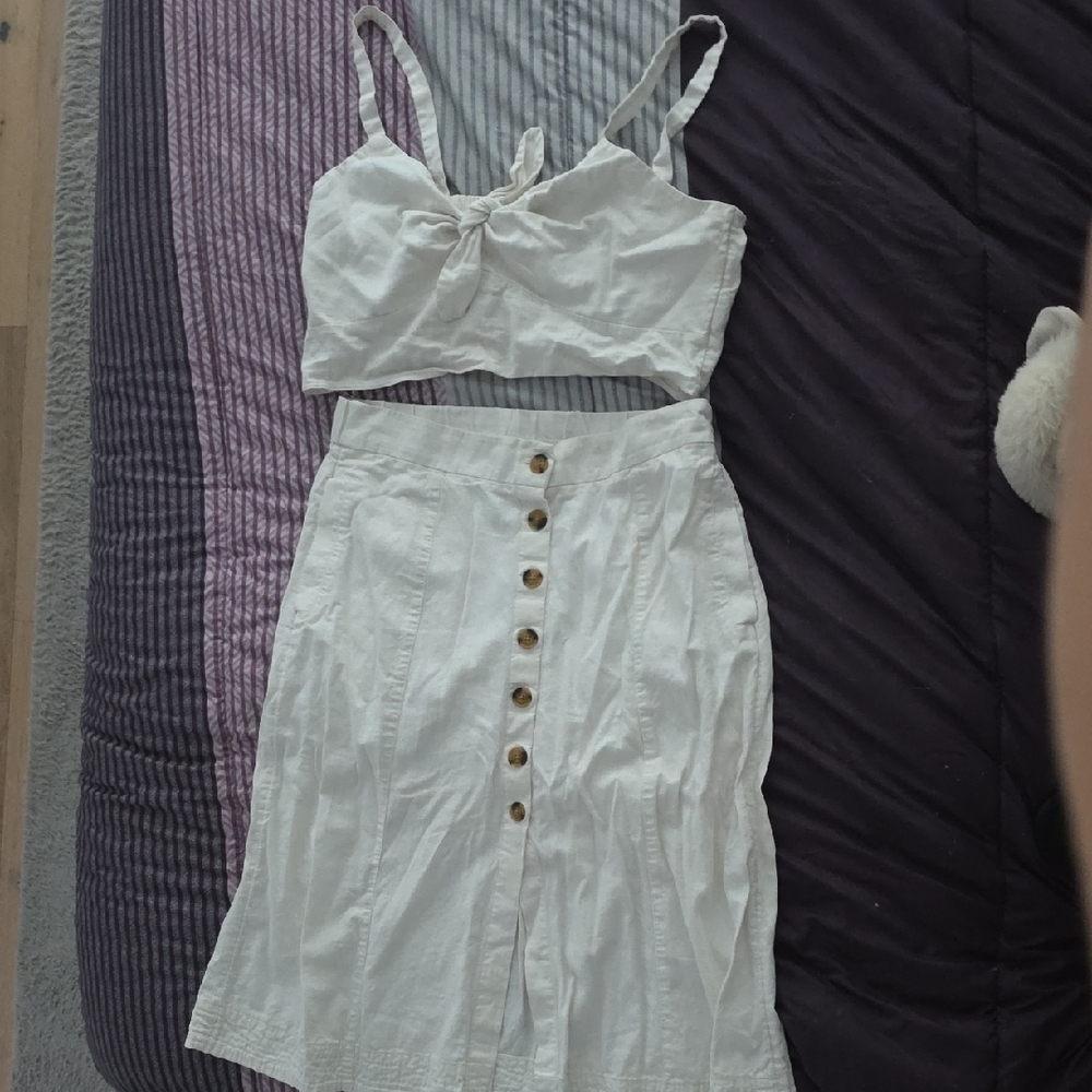 White Button-Down Crop Top and Skirt 2 Piece Set